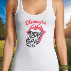 Leopard Tongue Rolling Stones Style Nebraska Huskers Shirt White 11 Women's Leopard Tongue Rolling Stones Style Nebraska Huskers White Tank Top In White, Front View On Dark Wood Background
