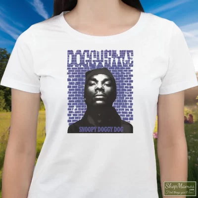 Women's Madeworn Distressed Snoop Dogg Doggystyle T Shirt In White, Front View On Dark Wood Background