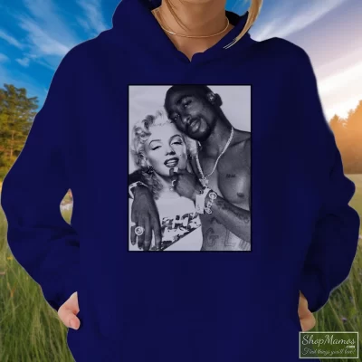 Women's Marilyn Monroe 2pac Tupac Shakur Hoodie In Navy, Front View On Light Wood Background