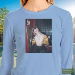 Miley Cyrus Rolling Stones Magazine Plastic Hearts Rock Shirt 1 Women's Miley Cyrus Rolling Stones Magazine Plastic Hearts Rock Sweatshirt In Light Blue, Front View On Dark Wood Background