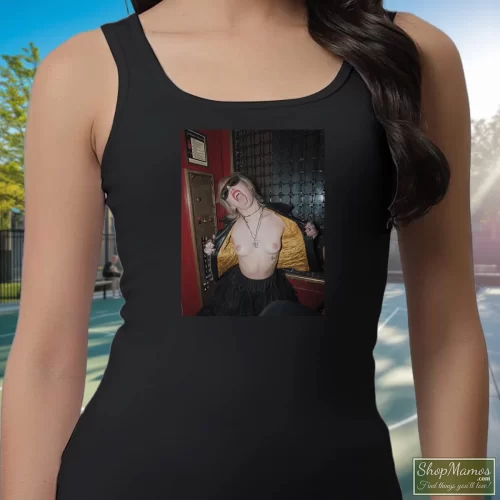 Miley Cyrus Rolling Stones Magazine Plastic Hearts Rock Women’s Tank Top – Black Front View On Light Wood Background Women's Miley Cyrus Rolling Stones Magazine Plastic Hearts Rock Tank Top In Black, Front View On Light Wood Background