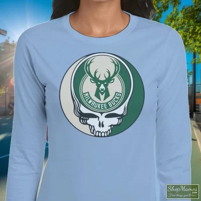 Women's Milwaukee Bucks Basketball Grateful Dead Steal Your Face Long Sleeve In Light Blue, Front View On Dark Wood Background