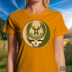 Milwaukee Bucks Basketball Grateful Dead Steal Your Face T-Shirt 4 Women's Milwaukee Bucks Basketball Grateful Dead Steal Your Face T Shirt In Orange, Front View On Dark Wood Background