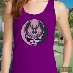 Milwaukee Bucks Basketball Grateful Dead Steal Your Face T-Shirt 3 Women's Milwaukee Bucks Basketball Grateful Dead Steal Your Face Tank Top In Purple, Front View On Light Wood Background