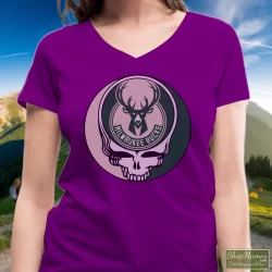 Milwaukee Bucks Basketball Grateful Dead Steal Your Face T-Shirt 8 Women's Milwaukee Bucks Basketball Grateful Dead Steal Your Face V Neck In Purple, Front View On Light Wood Background
