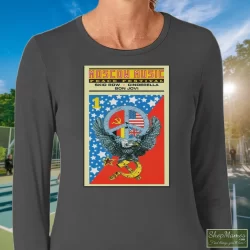 Women's Moscow Music Festival Poster 80s Rock Motley Crue Bon Jovi Skid Row B24 Long Sleeve In Charcoal, Front View On Dark Wood Background