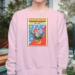 Women's Moscow Music Festival Poster 80s Rock Motley Crue Bon Jovi Skid Row B24 Sweatshirt In Light Pink, Front View On Dark Wood Background