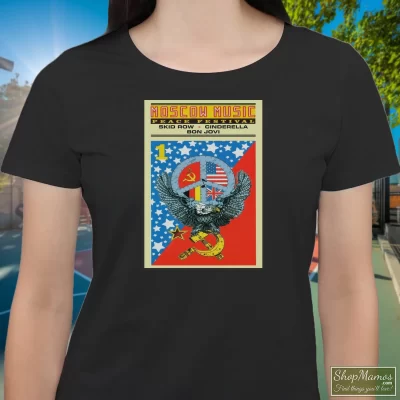 Women's Moscow Music Festival Poster 80s Rock Motley Crue Bon Jovi Skid Row B24 T Shirt In Black, Front View On Light Wood Background