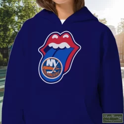 New York Islanders Rolling Stones Logo Shirt 11 Women's New York Islanders Rolling Stones Logo Hoodie In Navy, Front View On Light Wood Background
