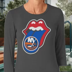 New York Islanders Rolling Stones Logo Shirt 8 Women's New York Islanders Rolling Stones Logo Long Sleeve In Charcoal, Front View On Dark Wood Background