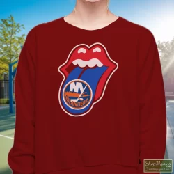 New York Islanders Rolling Stones Logo Shirt 4 Women's New York Islanders Rolling Stones Logo Sweatshirt In Maroon, Front View On Light Wood Background