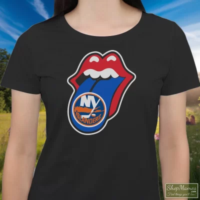 Women's New York Islanders Rolling Stones Logo T Shirt In Black, Front View On Light Wood Background