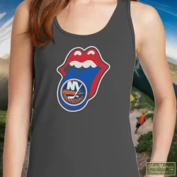 New York Islanders Rolling Stones Logo Shirt 1 Women's New York Islanders Rolling Stones Logo Tank Top In Charcoal, Front View On Dark Wood Background