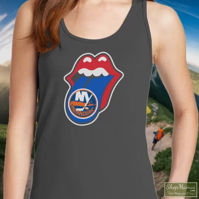 Women's New York Islanders Rolling Stones Logo Tank Top In Charcoal, Front View On Dark Wood Background