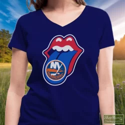 New York Islanders Rolling Stones Logo Shirt 6 Women's New York Islanders Rolling Stones Logo V Neck In Navy, Front View On Light Wood Background