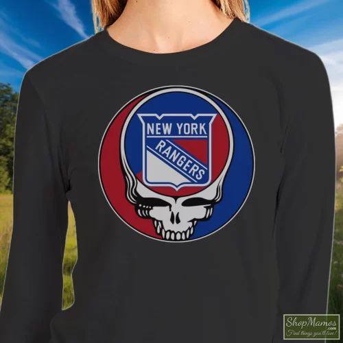 New York Rangers X Grateful Dead Logo Band Women’s Sweatshirt – Black Front View On Light Wood Background Women's New York Rangers X Grateful Dead Logo Band Sweatshirt In Black, Front View On Light Wood Background