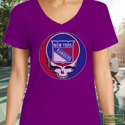 Women's New York Rangers X Grateful Dead Logo Band V Neck In Purple, Front View On Light Wood Background