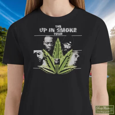 Women's Original Up In Smoke Tour Hip Hop Raptee Snoop Dogg Dr Dre Eminem Warren G Ice Cube West Coast T Shirt In Black, Front View On Light Wood Background