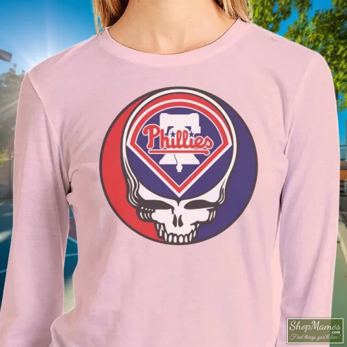Women's Philadelphia Phillies Baseball Grateful Dead Steal Your Face Sweatshirt In Light Pink, Front View On Dark Wood Background
