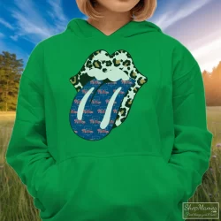 Phillies Rolling Stones Leopard Shirt 4 Women's Phillies Rolling Stones Leopard Hoodie In Irish Green, Front View On Light Wood Background