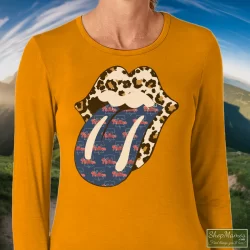 Phillies Rolling Stones Leopard Shirt 3 Women's Phillies Rolling Stones Leopard Long Sleeve In Orange, Front View On Dark Wood Background