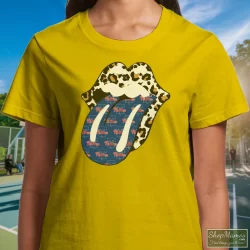 Phillies Rolling Stones Leopard Shirt 10 Women's Phillies Rolling Stones Leopard T Shirt In Yellow, Front View On Dark Wood Background