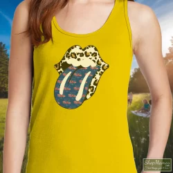 Phillies Rolling Stones Leopard Shirt 5 Women's Phillies Rolling Stones Leopard Tank Top In Yellow, Front View On Dark Wood Background