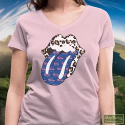 Phillies Rolling Stones Leopard Shirt 9 Women's Phillies Rolling Stones Leopard V Neck In Light Pink, Front View On Dark Wood Background