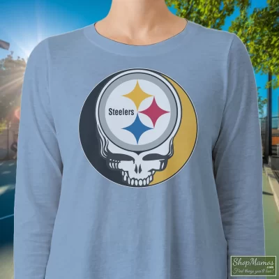 Women's Pittsburgh Steelers X Grateful Dead Logo Band Long Sleeve In Light Blue, Front View On Dark Wood Background