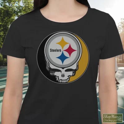 Women's Pittsburgh Steelers X Grateful Dead Logo Band T Shirt In Black, Front View On Light Wood Background
