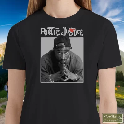 Women's Poetic Justice Tupac Shakur 2pac Red Heart T Shirt In Black, Front View On Light Wood Background