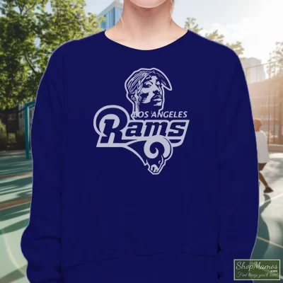 Women's Rams Tupac Shakur Los Angeles Football Sweatshirt In Navy, Front View On Light Wood Background