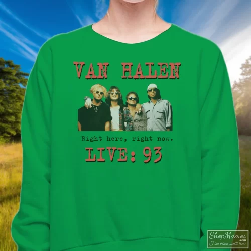 Rare 1993 Van Halen Women’s Sweatshirt – Irish Green Front View On Light Wood Background Women's Rare 1993 Van Halen Sweatshirt In Irish Green, Front View On Light Wood Background