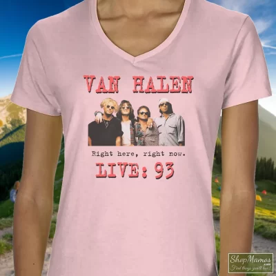 Women's Rare 1993 Van Halen V Neck In Light Pink, Front View On Dark Wood Background
