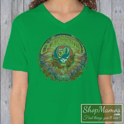 Women's Rare 50th Anniversary Grateful Dead V Neck in Irish Green, front view on light wood background