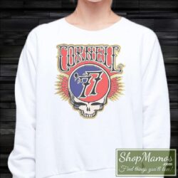 Women's Rare Grateful Dead Cornell University Campus 1977 Shirt Vintage Sweatshirt in White, front view on dark wood background