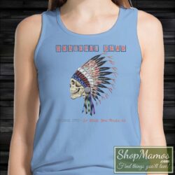 Women's Rare Grateful Dead Spring 1990 So Glad You Made It T Shirt Vintage Tank Top in Light Blue, front view on dark wood background