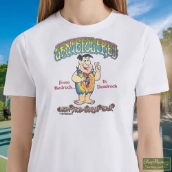 Women's Rare Vintage 80s Grateful Fred Classic Rock T Shirt In White, Front View On Dark Wood Background