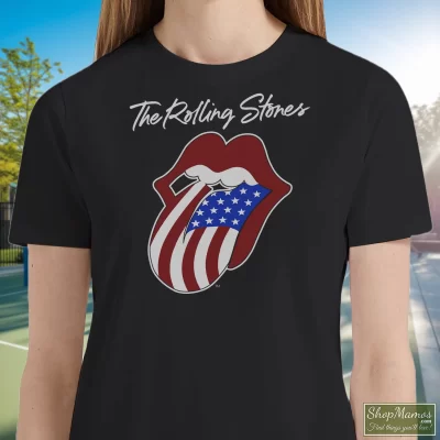 Women's Rolling Stones 1981 North American Tour Concert T Shirt In Black, Front View On Light Wood Background