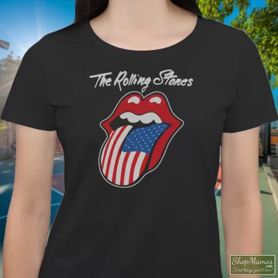 Women's Rolling Stones 1981 North American Tour Rock T Shirt In Black, Front View On Light Wood Background