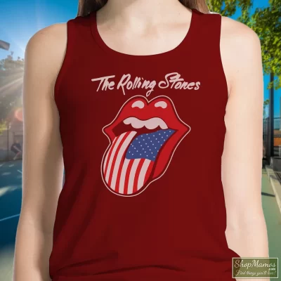 Women's Rolling Stones 1981 North American Tour Rock Tank Top In Maroon, Front View On Light Wood Background