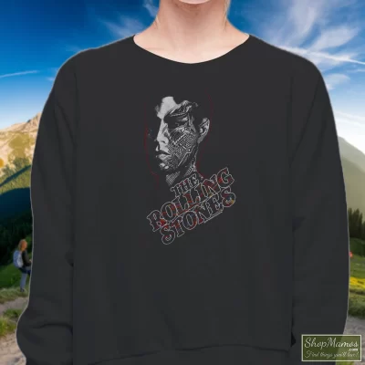 Women's Rolling Stones 1981 Tattoo You 1980s Keith Richards Sweatshirt In Black, Front View On Light Wood Background