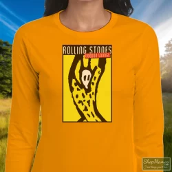 Rolling Stones 1994-1995 Voodoo Lounge Concert Tour Shirt 6 Women's Rolling Stones 1994 - 1995 Voodoo Lounge Concert Tour Long Sleeve In Orange, Front View On Dark Wood Background
