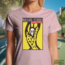 Rolling Stones 1994-1995 Voodoo Lounge Concert Tour Shirt 9 Women's Rolling Stones 1994 - 1995 Voodoo Lounge Concert Tour T Shirt In Light Pink, Front View On Dark Wood Background