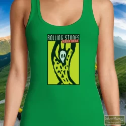 Rolling Stones 1994-1995 Voodoo Lounge Concert Tour Shirt 5 Women's Rolling Stones 1994 - 1995 Voodoo Lounge Concert Tour Tank Top In Irish Green, Front View On Light Wood Background