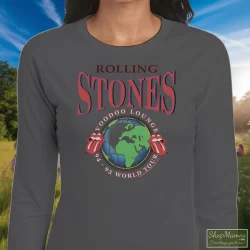 Rolling Stones 1995 Voodoo Lounge World Tour Shirt B 5 Women's Rolling Stones 1995 Voodoo Lounge World Tour B Long Sleeve In Charcoal, Front View On Dark Wood Background