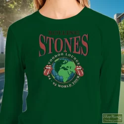 Rolling Stones 1995 Voodoo Lounge World Tour Shirt B 7 Women's Rolling Stones 1995 Voodoo Lounge World Tour B Sweatshirt In Forest Green, Front View On Light Wood Background