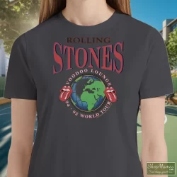 Rolling Stones 1995 Voodoo Lounge World Tour Shirt B 8 Women's Rolling Stones 1995 Voodoo Lounge World Tour B T Shirt In Charcoal, Front View On Dark Wood Background