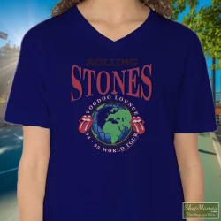 Rolling Stones 1995 Voodoo Lounge World Tour Shirt B 2 Women's Rolling Stones 1995 Voodoo Lounge World Tour B V Neck In Navy, Front View On Light Wood Background
