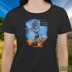 Women's Rolling Stones 1997 Bridges To Babylon Concert Tour Rock T Shirt In Black, Front View On Light Wood Background